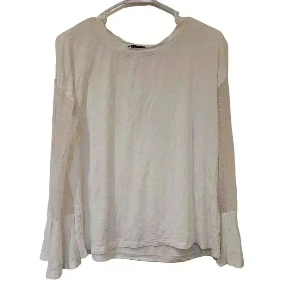 Very J Women's Ivory Rayon/Spandex Oversized Mesh/Ruffle Long Sleeve T-Shirt EUC